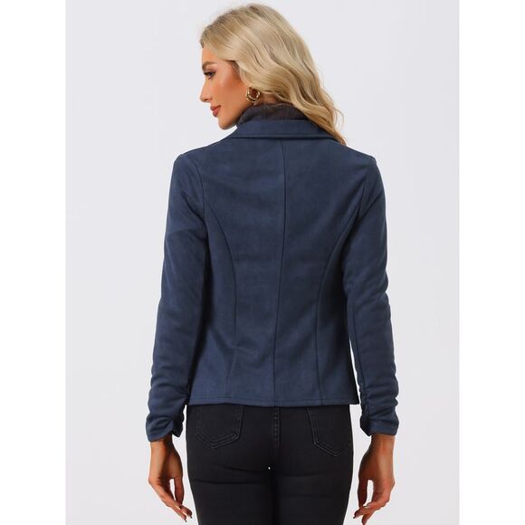 Casual Open Front Drawstring Faux Suede Blazer Dark Blue - Picture 4 of 5
